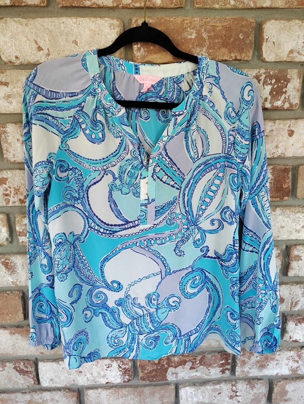 Lilly Pulitzer Elsie Silk Top Searulean Blue Test The Water Print XS Resort Wear